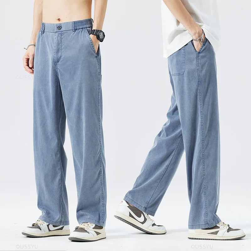 Summer Thin Soft Lyocell Fabric Jeans Men Loose Straight Wide Leg Pants Drawstring Elastic Waist Casual Trousers Plus Size M-5XL