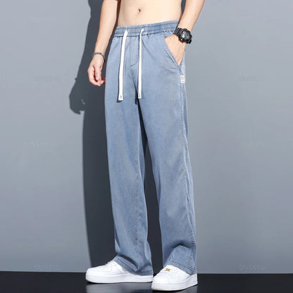 Summer Soft Lyocell Fabric Men's Jeans Thin Loose Straight Pants Drawstring Elastic Waist Korea Casual Trousers Plus Size M-5XL