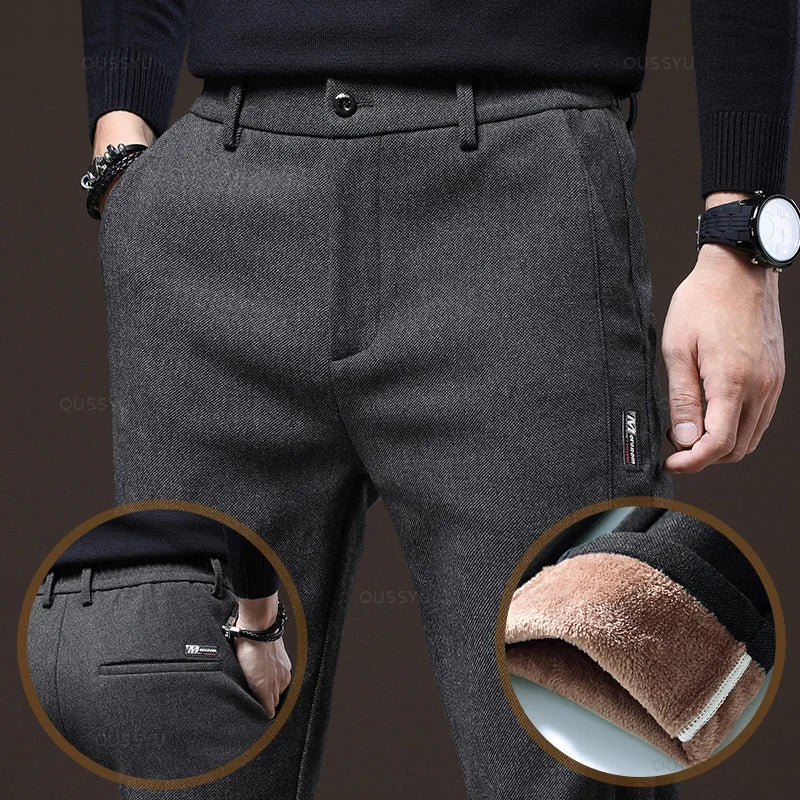 Winter Warm Fleece Casual Pants Men Cotton Drawstring Elastic Waist Velvet Business Outdoors Black Thick Stretch Trousers Male