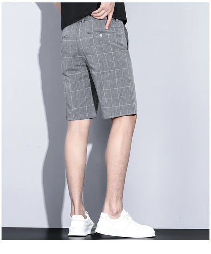 Summer Thin Plaid Stripe Shorts Men Business Knee Length Pants Straight Beach Short Korea Fashion Gray Pant Male Brand Clothing