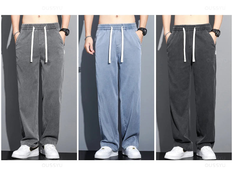 Summer Thin Soft Lyocell Fabric Jeans Men Loose Straight Wide Leg Pants Drawstring Elastic Waist Casual Trousers Plus Size M-5XL