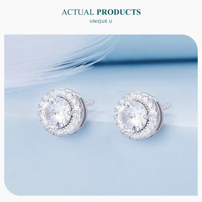 BAMOER Platinum Plated Halo CZ Stud Earrings 925 Sterling Silver Hypoallergenic Classic Elegant Earrings Fashion Jewellry BSE893