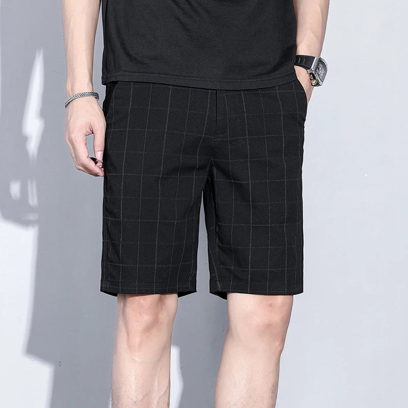 Summer Thin Plaid Stripe Shorts Men Business Knee Length Pants Straight Beach Short Korea Fashion Gray Pant Male Brand Clothing