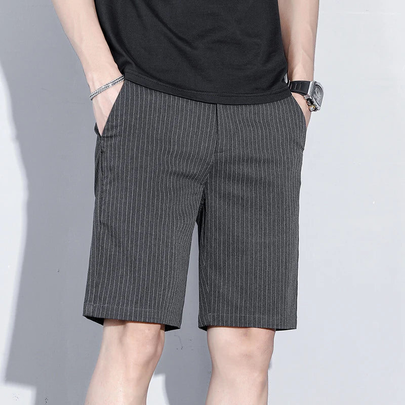 Summer Thin Plaid Stripe Shorts Men Business Knee Length Pants Straight Beach Short Korea Fashion Grey Pant Male Brand Clothing