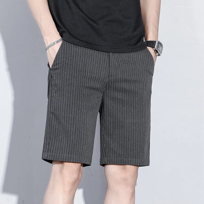 Summer Thin Plaid Stripe Shorts Men Business Knee Length Pants Straight Beach Short Korea Fashion Grey Pant Male Brand Clothing