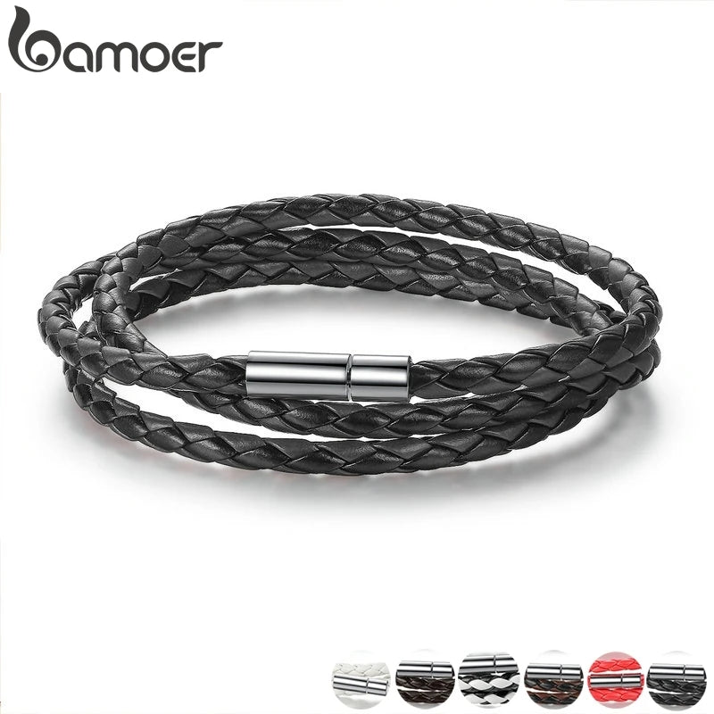 BAMOER 6 Color Wholesale Long Chain Adjustable Magnet Buckle Unisex PU leather Bracelets for Women and Men Fashion Jewelry