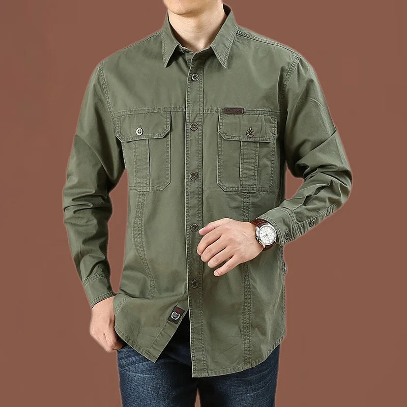 2023 Cargo Shirt Men Long Sleeve Casual Cotton Shirts High Quality Camisa Militar Overshirt Brand Clothing Black Blouses 5XL