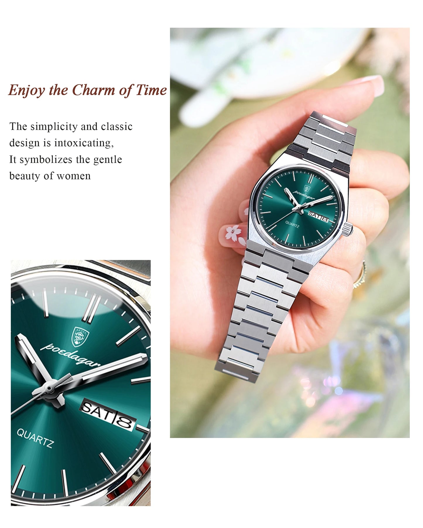 POEDAGAR Top Luxury Woman Quartz Watch Waterproof Luminous Date Week Ladies Watch Stainless Steel Casual Elegant Women’s Watches