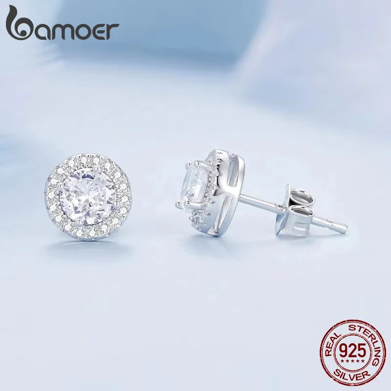 BAMOER Platinum Plated Halo CZ Stud Earrings 925 Sterling Silver Hypoallergenic Classic Elegant Earrings Fashion Jewellry BSE893