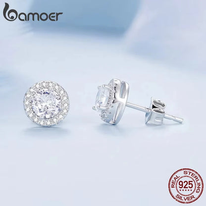 BAMOER Platinum Plated Halo CZ Stud Earrings 925 Sterling Silver Hypoallergenic Classic Elegant Earrings Fashion Jewellry BSE893