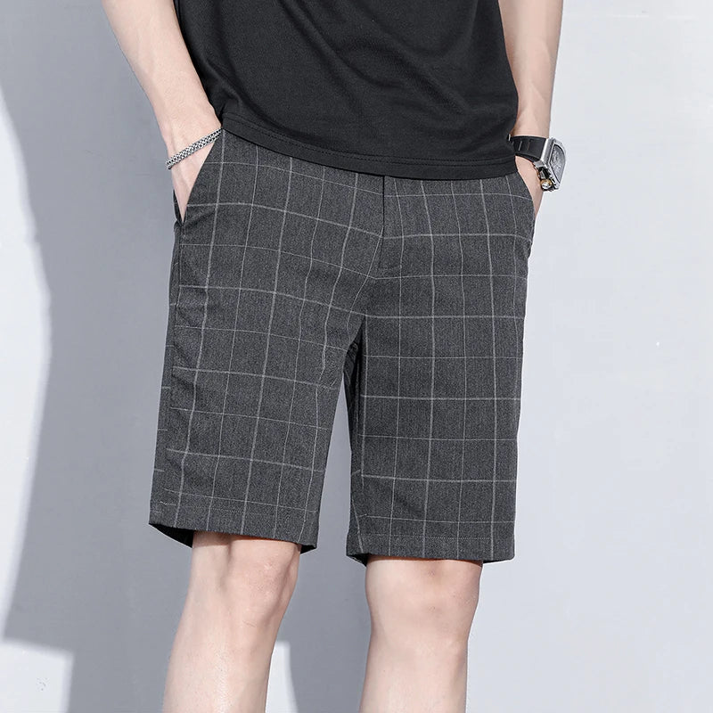 Summer Thin Plaid Stripe Shorts Men Business Knee Length Pants Straight Beach Short Korea Fashion Gray Pant Male Brand Clothing