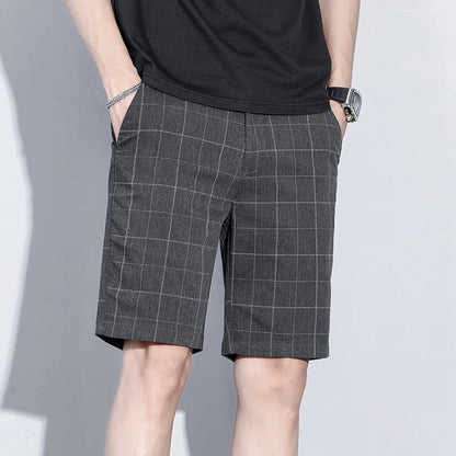 Summer Thin Plaid Stripe Shorts Men Business Knee Length Pants Straight Beach Short Korea Fashion Grey Pant Male Brand Clothing