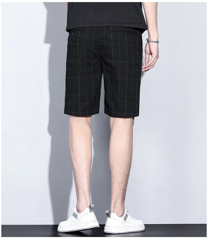 Summer Thin Plaid Stripe Shorts Men Business Knee Length Pants Straight Beach Short Korea Fashion Gray Pant Male Brand Clothing