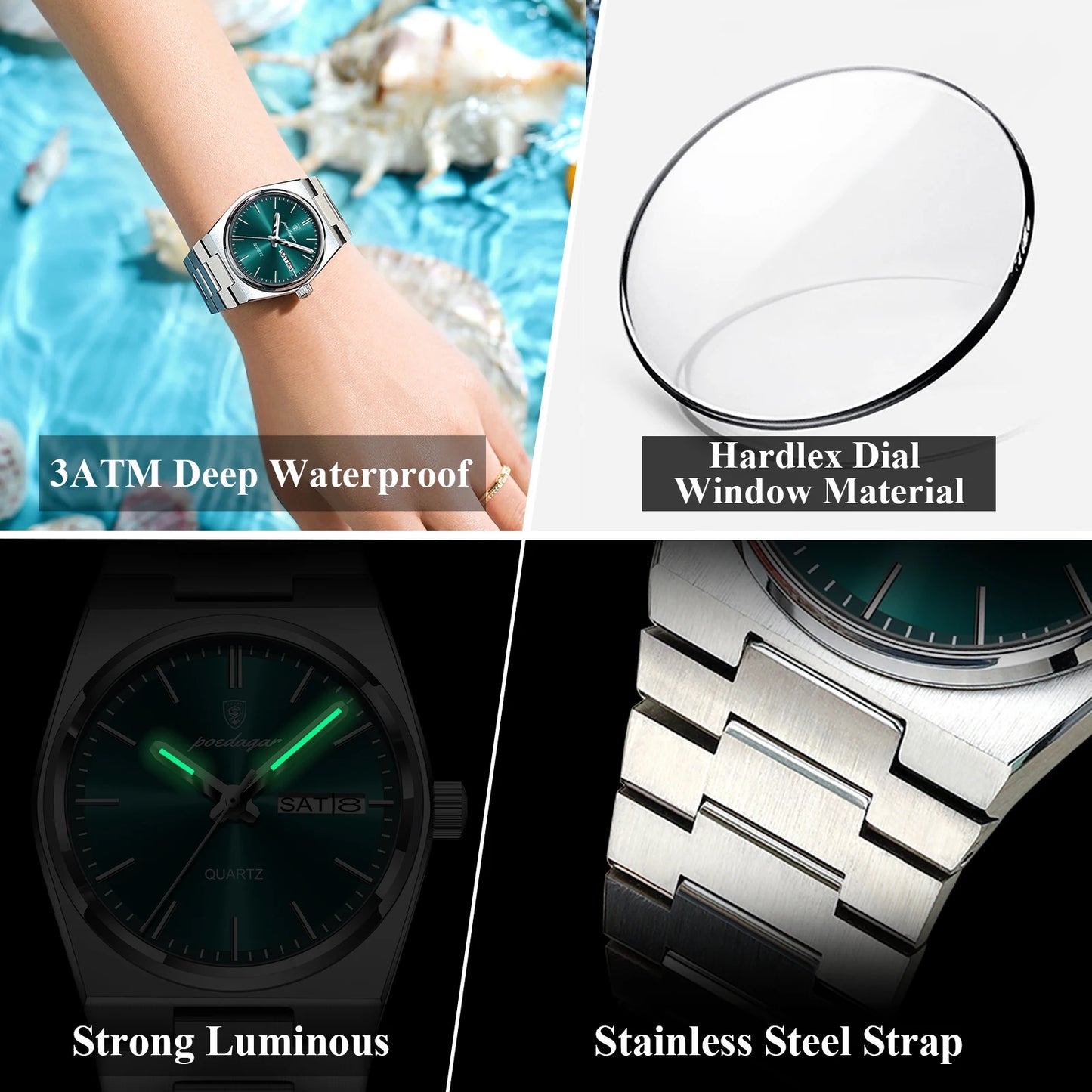 POEDAGAR Top Luxury Woman Quartz Watch Waterproof Luminous Date Week Ladies Watch Stainless Steel Casual Elegant Women’s Watches