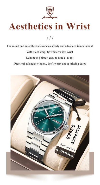 POEDAGAR Top Luxury Woman Quartz Watch Waterproof Luminous Date Week Ladies Watch Stainless Steel Casual Elegant Women’s Watches