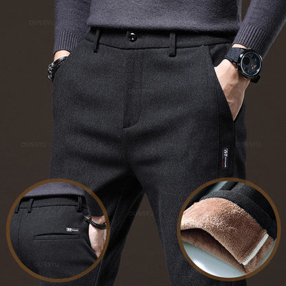 Winter Warm Fleece Casual Pants Men Cotton Drawstring Elastic Waist Velvet Business Outdoors Black Thick Stretch Trousers Male