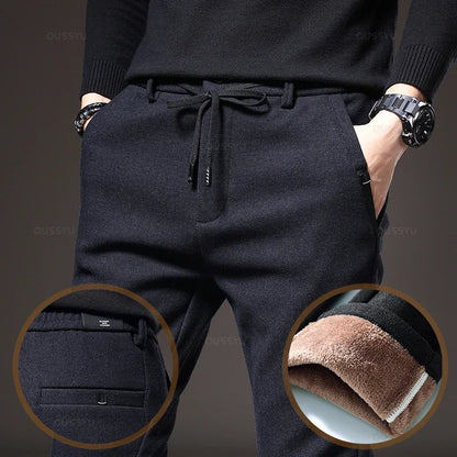 Winter Warm Fleece Casual Pants Men Cotton Drawstring Elastic Waist Velvet Business Outdoors Black Thick Stretch Trousers Male