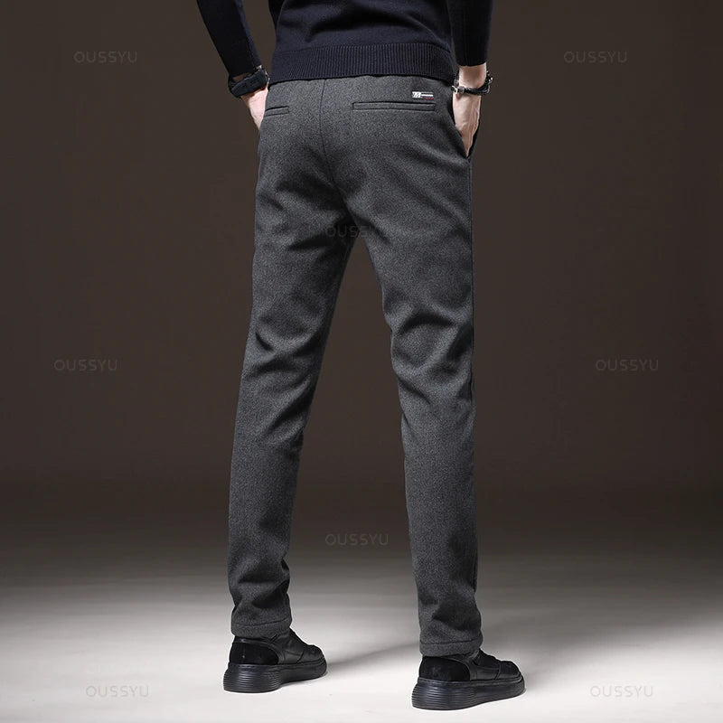 Winter Warm Fleece Casual Pants Men Cotton Drawstring Elastic Waist Velvet Business Outdoors Black Thick Stretch Trousers Male