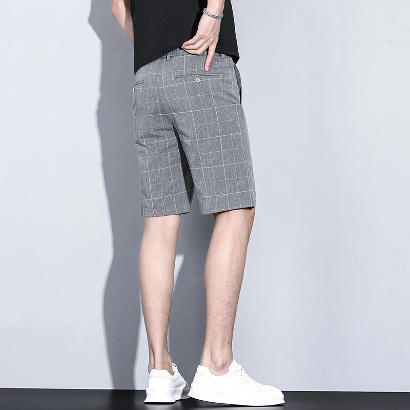 Summer Thin Plaid Stripe Shorts Men Business Knee Length Pants Straight Beach Short Korea Fashion Gray Pant Male Brand Clothing