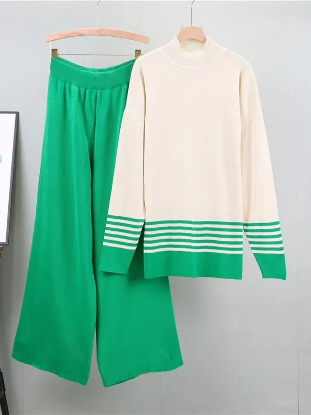 Women's 2 Piece Set Striped Pullover Wide Leg Knitted Sweater