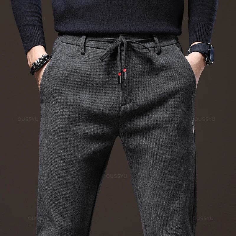 Winter Warm Fleece Casual Pants Men Cotton Drawstring Elastic Waist Velvet Business Outdoors Black Thick Stretch Trousers Male