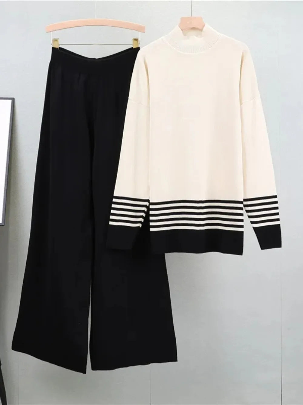 Women's 2 Piece Set Striped Pullover Wide Leg Knitted Sweater