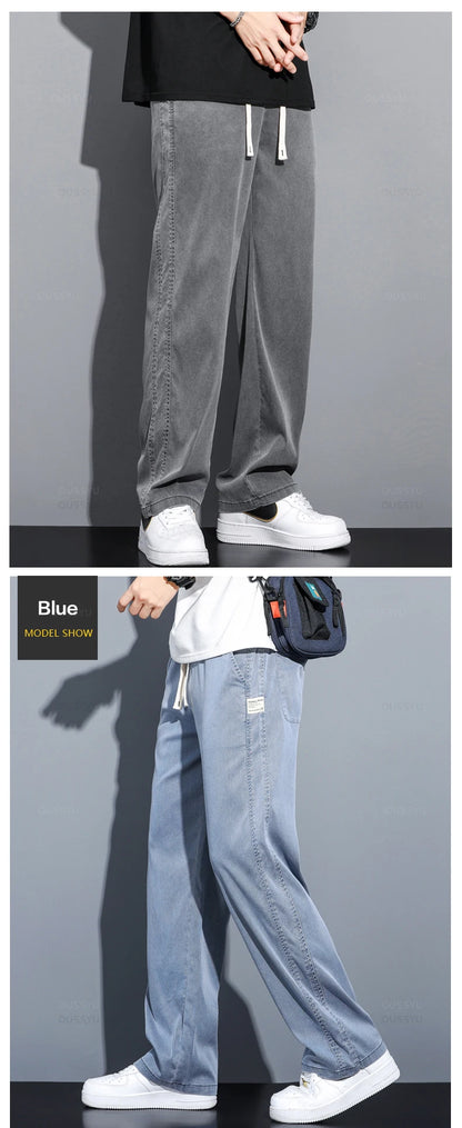 Summer Soft Lyocell Fabric Men's Jeans Thin Loose Straight Pants Drawstring Elastic Waist Korea Casual Trousers Plus Size M-5XL