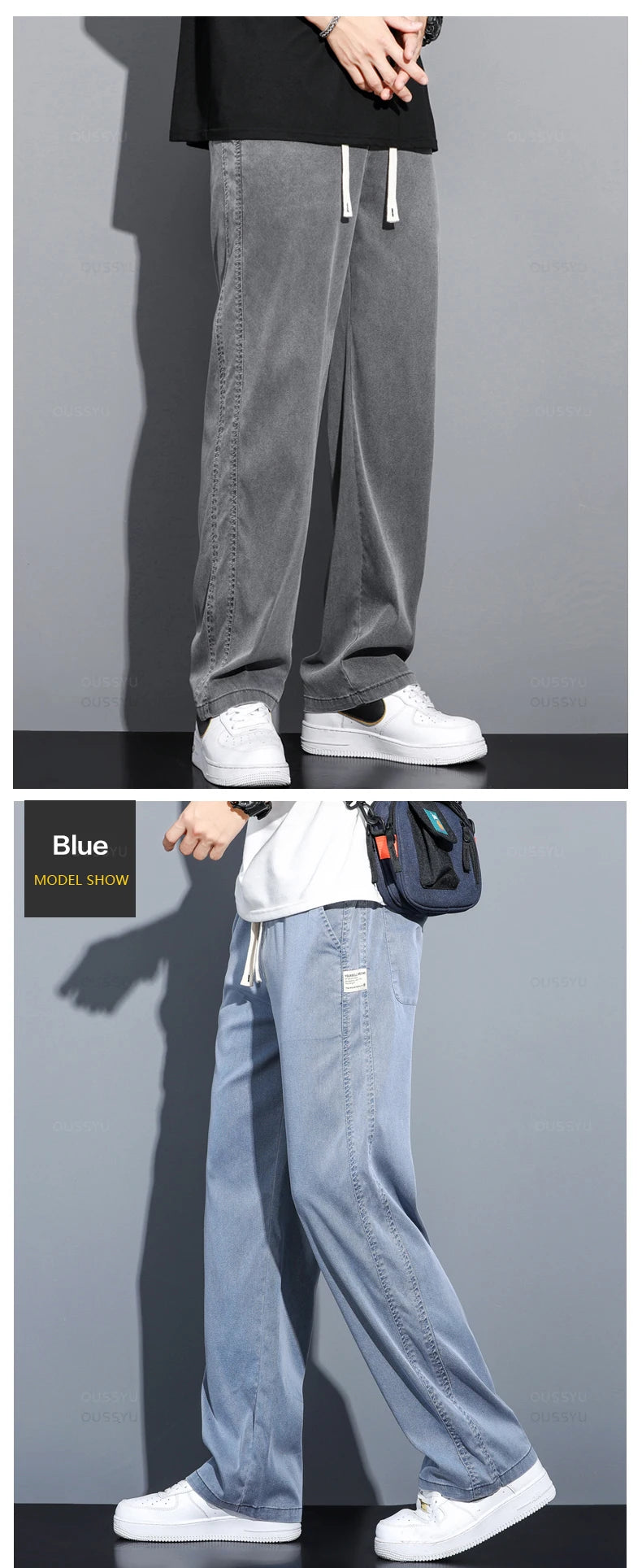 Summer Thin Soft Lyocell Fabric Jeans Men Loose Straight Wide Leg Pants Drawstring Elastic Waist Casual Trousers Plus Size M-5XL