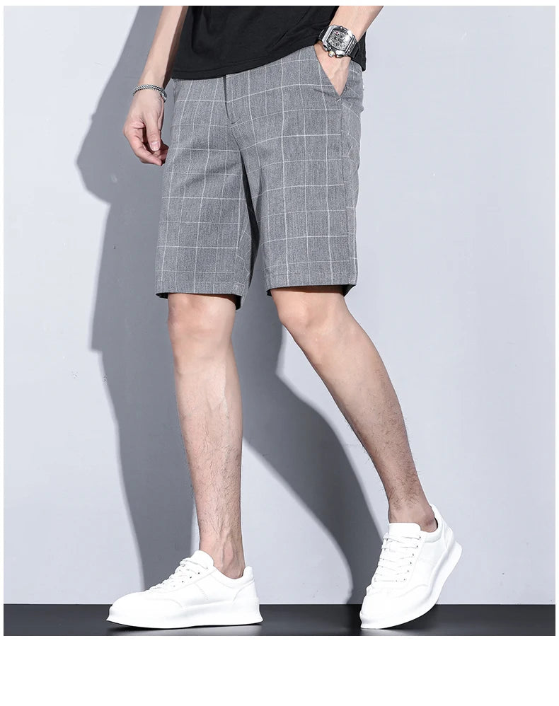 Summer Thin Plaid Stripe Shorts Men Business Knee Length Pants Straight Beach Short Korea Fashion Grey Pant Male Brand Clothing