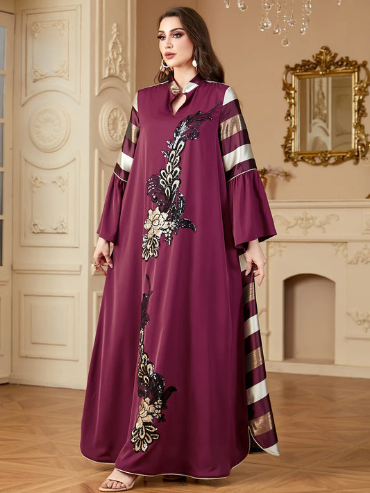 Women's Embroidered Dress Party Robe Striped Abaya Kaftan