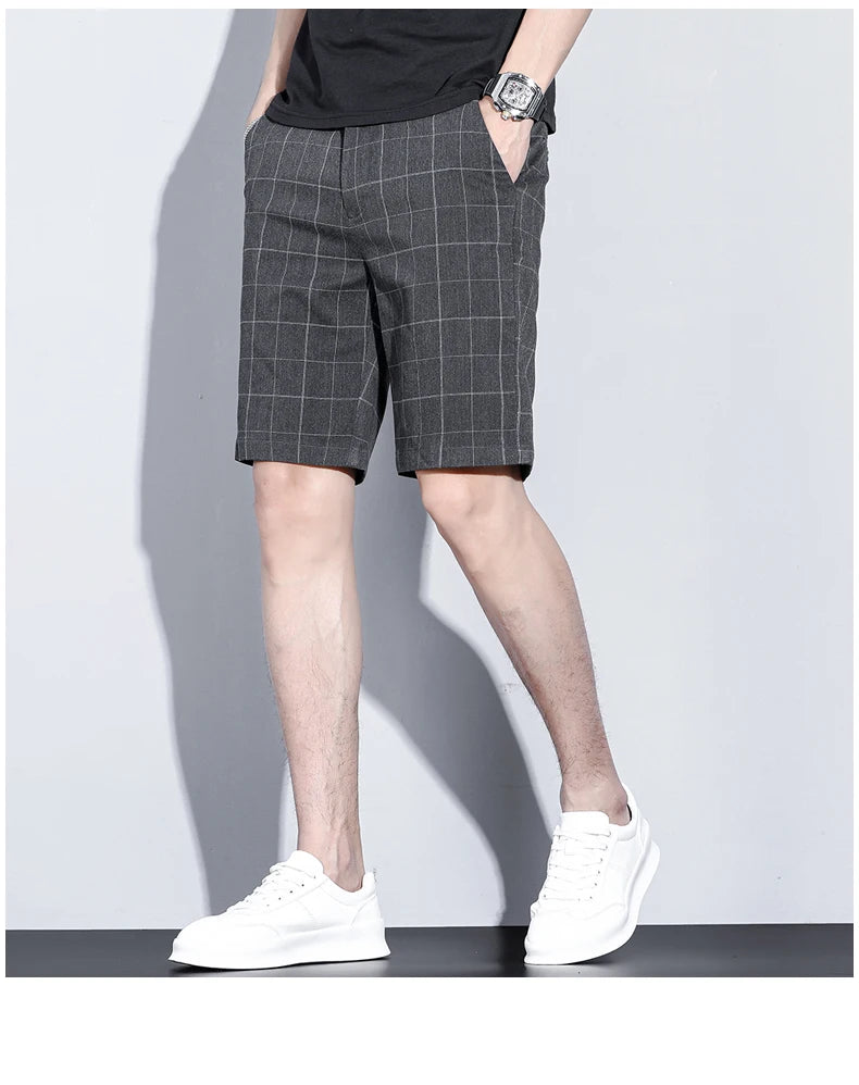 Summer Thin Plaid Stripe Shorts Men Business Knee Length Pants Straight Beach Short Korea Fashion Gray Pant Male Brand Clothing