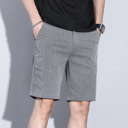 Summer Thin Plaid Stripe Shorts Men Business Knee Length Pants Straight Beach Short Korea Fashion Grey Pant Male Brand Clothing