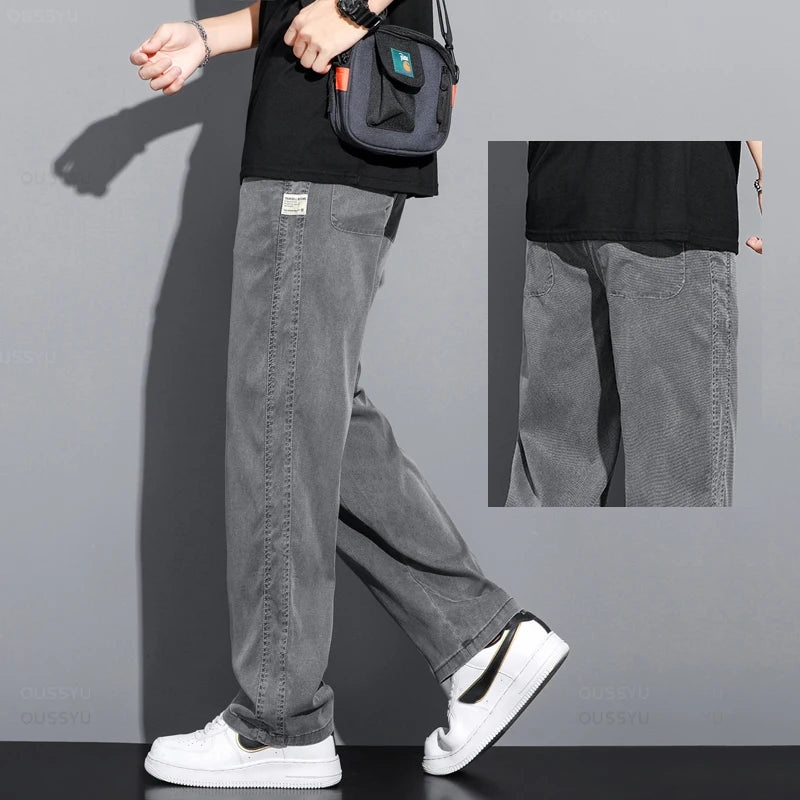 Summer Soft Lyocell Fabric Men's Jeans Thin Loose Straight Pants Drawstring Elastic Waist Korea Casual Trousers Plus Size M-5XL