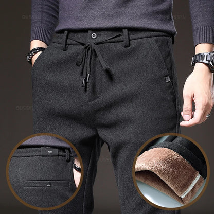 Winter Warm Fleece Casual Pants Men Cotton Drawstring Elastic Waist Velvet Business Outdoors Black Thick Stretch Trousers Male