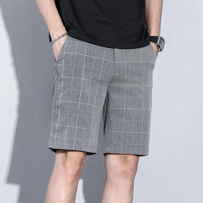 Summer Thin Plaid Stripe Shorts Men Business Knee Length Pants Straight Beach Short Korea Fashion Gray Pant Male Brand Clothing