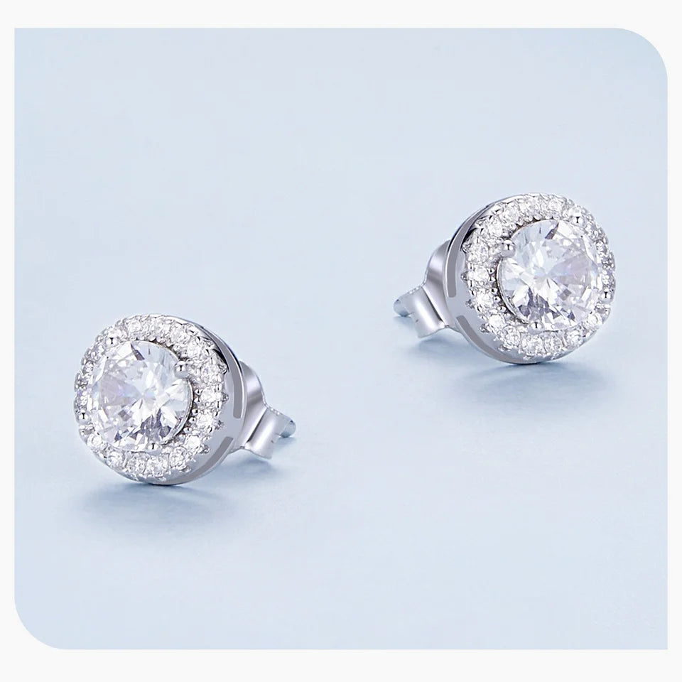 BAMOER Platinum Plated Halo CZ Stud Earrings 925 Sterling Silver Hypoallergenic Classic Elegant Earrings Fashion Jewellry BSE893