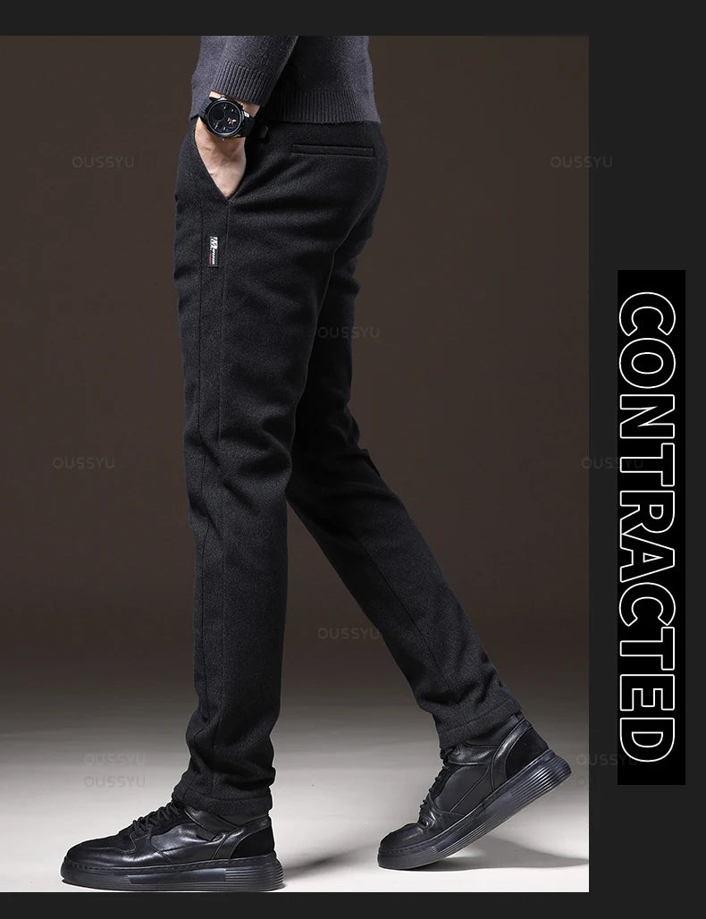 Winter Warm Fleece Casual Pants Men Cotton Drawstring Elastic Waist Velvet Business Outdoors Black Thick Stretch Trousers Male