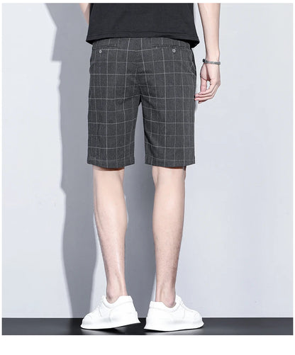 Summer Thin Plaid Stripe Shorts Men Business Knee Length Pants Straight Beach Short Korea Fashion Gray Pant Male Brand Clothing