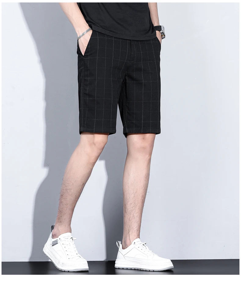 Summer Thin Plaid Stripe Shorts Men Business Knee Length Pants Straight Beach Short Korea Fashion Gray Pant Male Brand Clothing