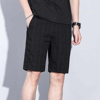 Summer Thin Plaid Stripe Shorts Men Business Knee Length Pants Straight Beach Short Korea Fashion Grey Pant Male Brand Clothing