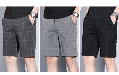 Summer Thin Plaid Stripe Shorts Men Business Knee Length Pants Straight Beach Short Korea Fashion Grey Pant Male Brand Clothing