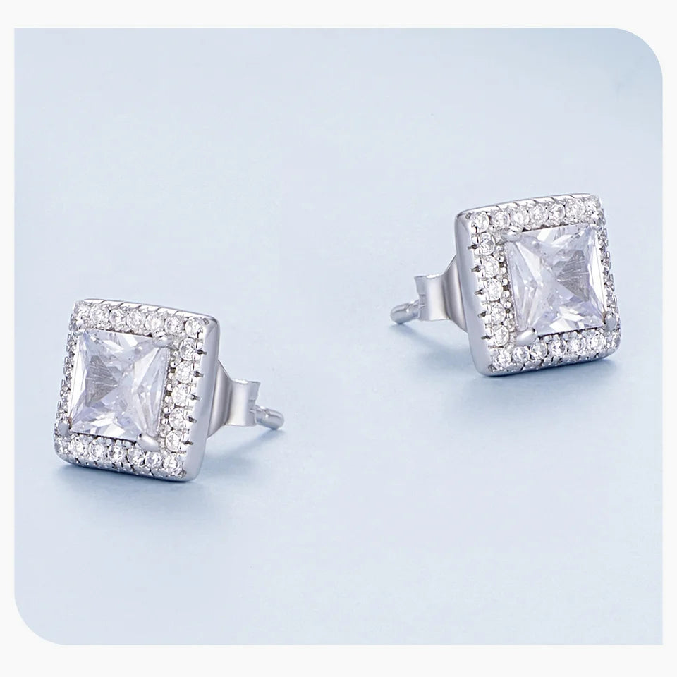 BAMOER Platinum Plated Halo CZ Stud Earrings 925 Sterling Silver Hypoallergenic Classic Elegant Earrings Fashion Jewellry BSE893