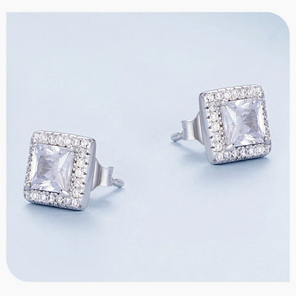 BAMOER Platinum Plated Halo CZ Stud Earrings 925 Sterling Silver Hypoallergenic Classic Elegant Earrings Fashion Jewellry BSE893