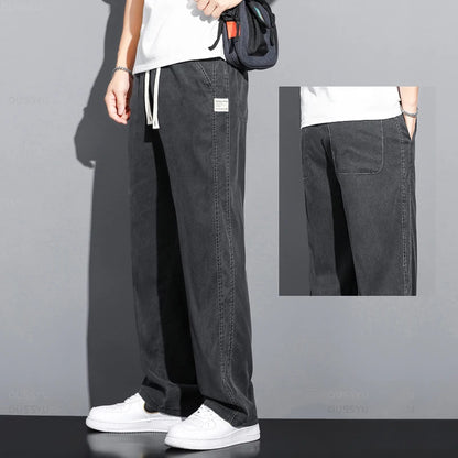 Summer Soft Lyocell Fabric Men's Jeans Thin Loose Straight Pants Drawstring Elastic Waist Korea Casual Trousers Plus Size M-5XL