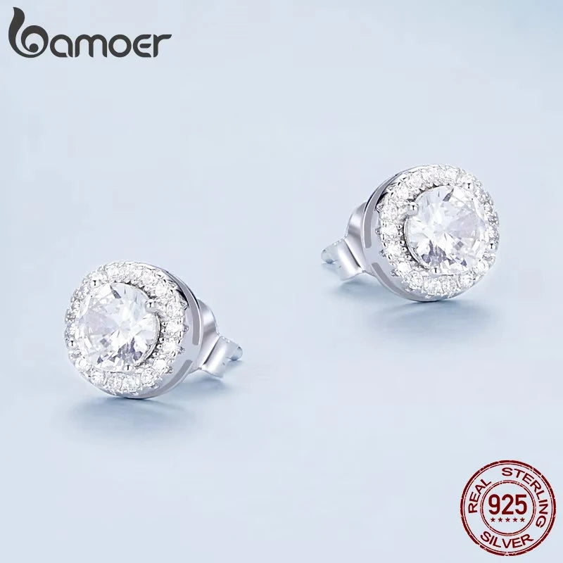 BAMOER Platinum Plated Halo CZ Stud Earrings 925 Sterling Silver Hypoallergenic Classic Elegant Earrings Fashion Jewellry BSE893