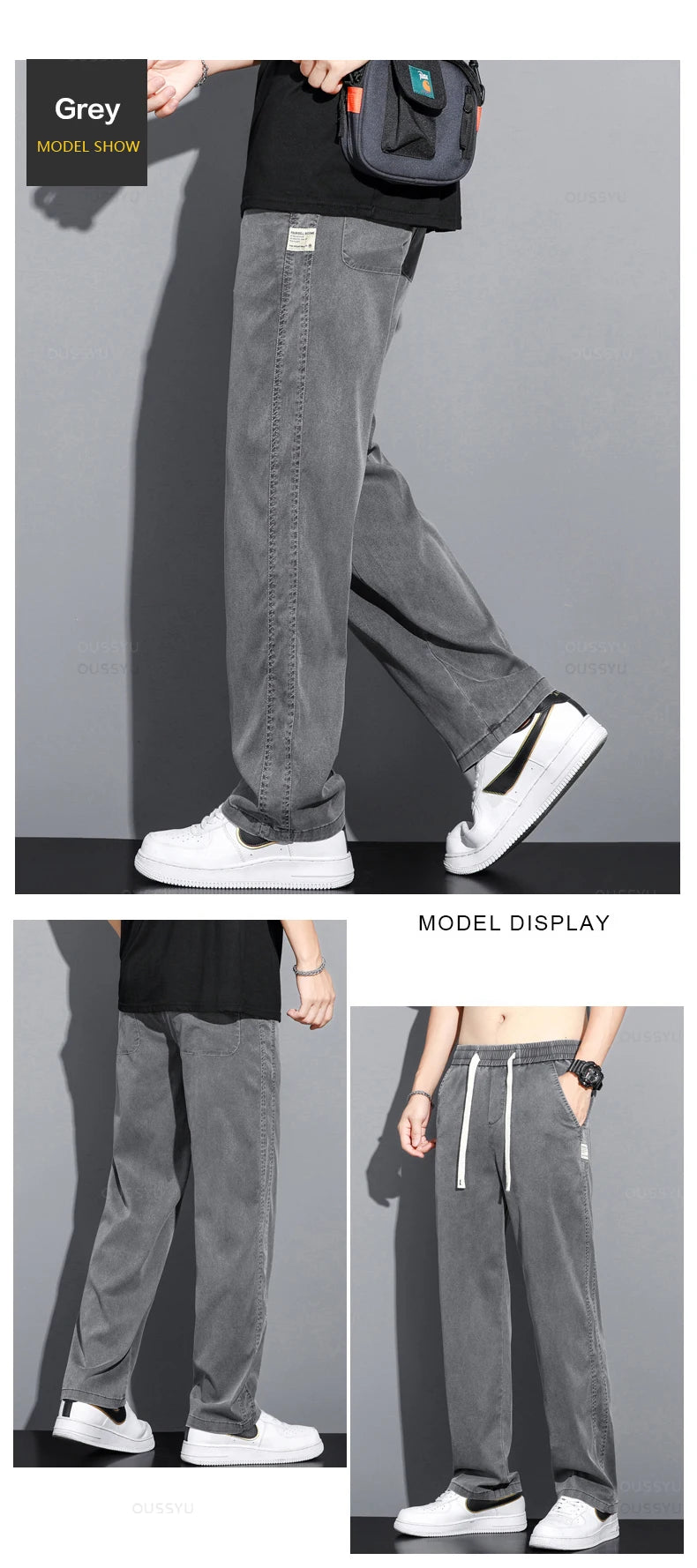 Summer Thin Soft Lyocell Fabric Jeans Men Loose Straight Wide Leg Pants Drawstring Elastic Waist Casual Trousers Plus Size M-5XL