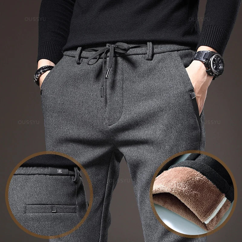 Winter Warm Fleece Casual Pants Men Cotton Drawstring Elastic Waist Velvet Business Outdoors Black Thick Stretch Trousers Male