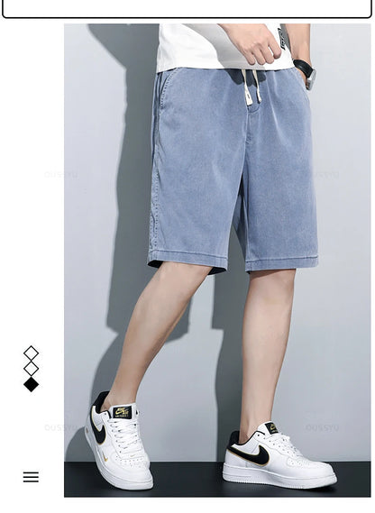 Summer Soft Cosy Lyocell Fabric Men's Denim Shorts Thin Loose Pants Drawstring Elastic Waist Korea Casual Short Plus Size M-5XL