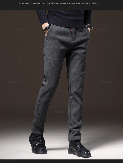 Winter Warm Fleece Casual Pants Men Cotton Drawstring Elastic Waist Velvet Business Outdoors Black Thick Stretch Trousers Male