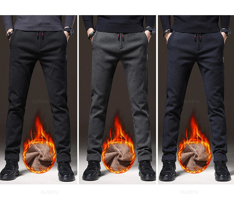 Winter Warm Fleece Casual Pants Men Cotton Drawstring Elastic Waist Velvet Business Outdoors Black Thick Stretch Trousers Male